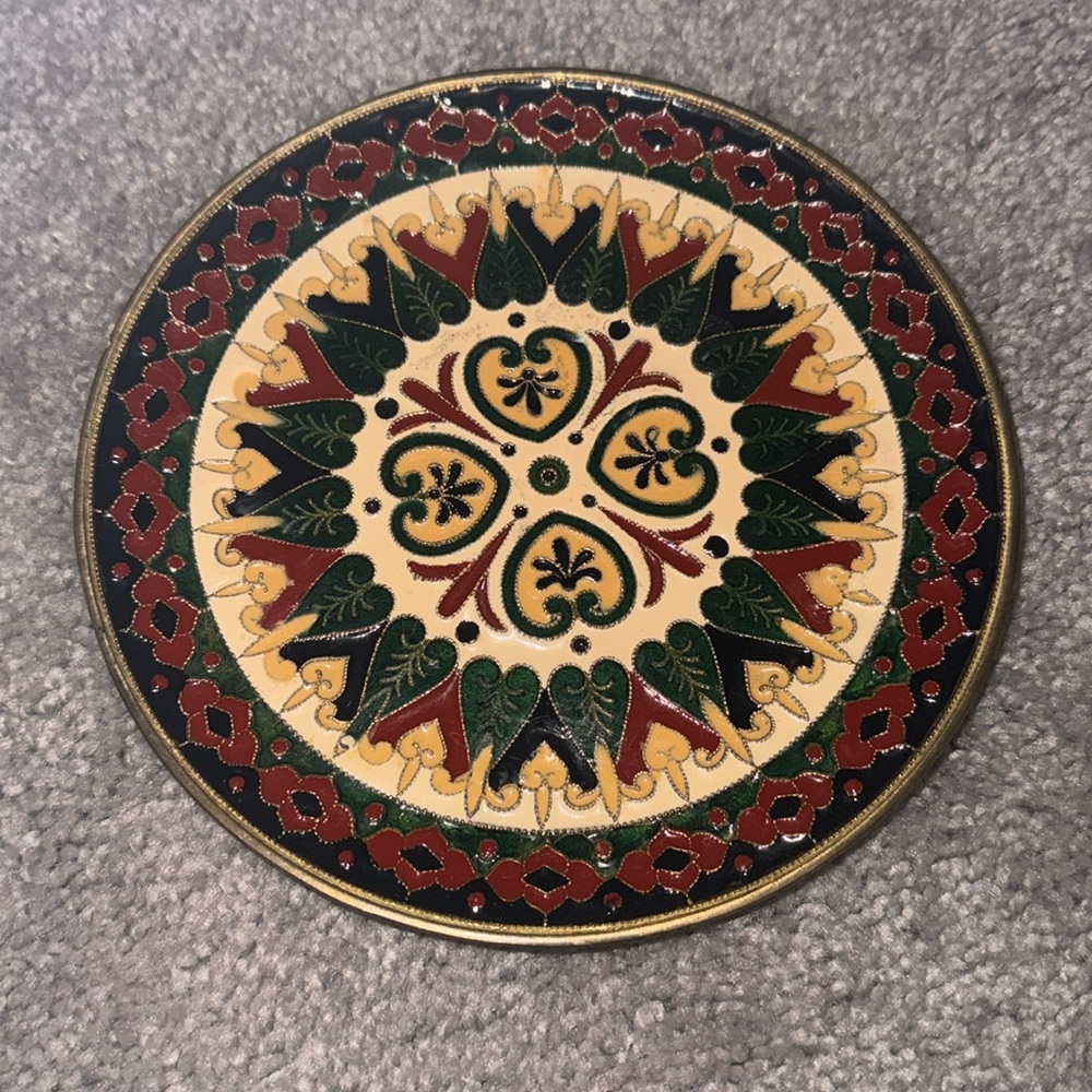 Vintage mosaic enamel inlaid brass Art hanging wall plate decor red green
